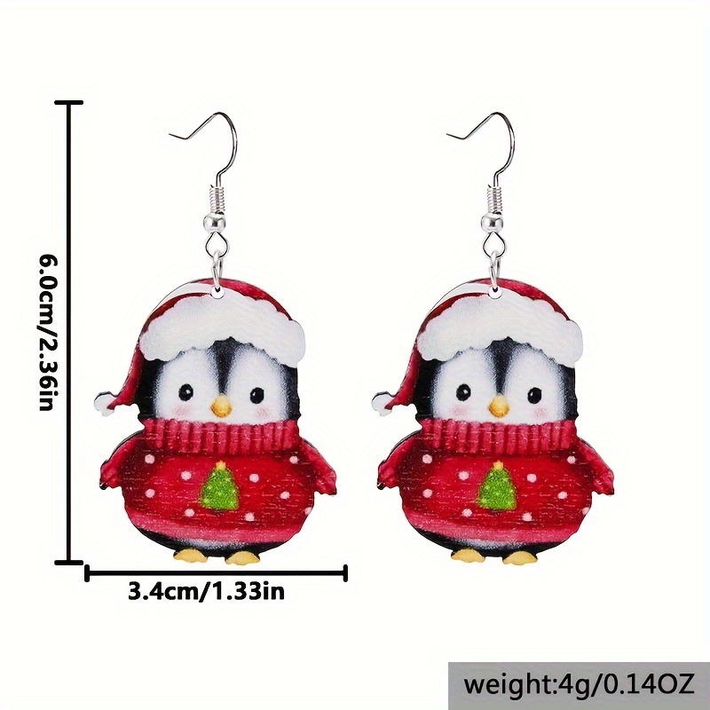 Green & Red Penguins Dangle Earrings Set Boho Style Wooden Jewelry